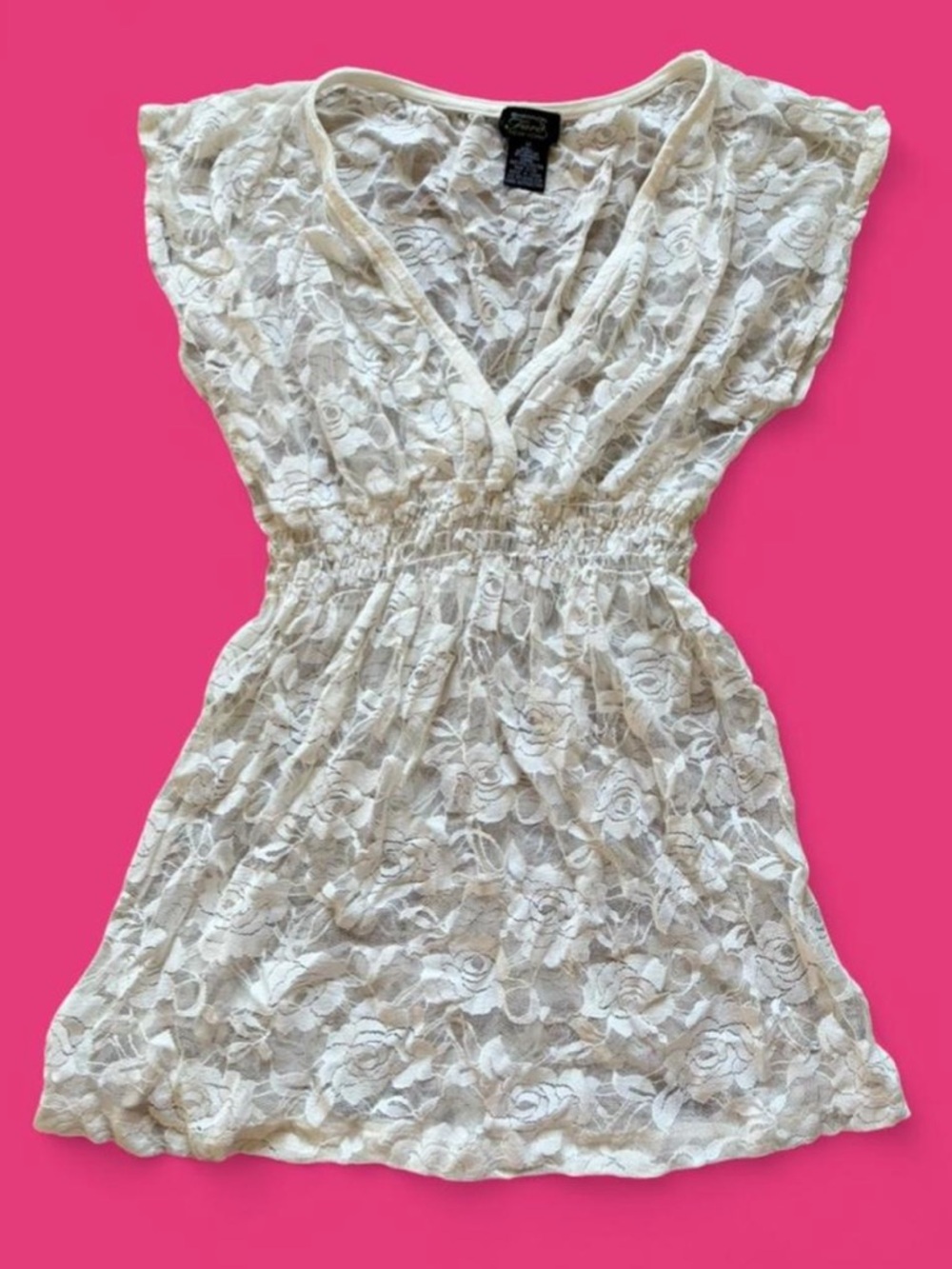 White Lace V-Neck Swim Coverup with Elastic Waist